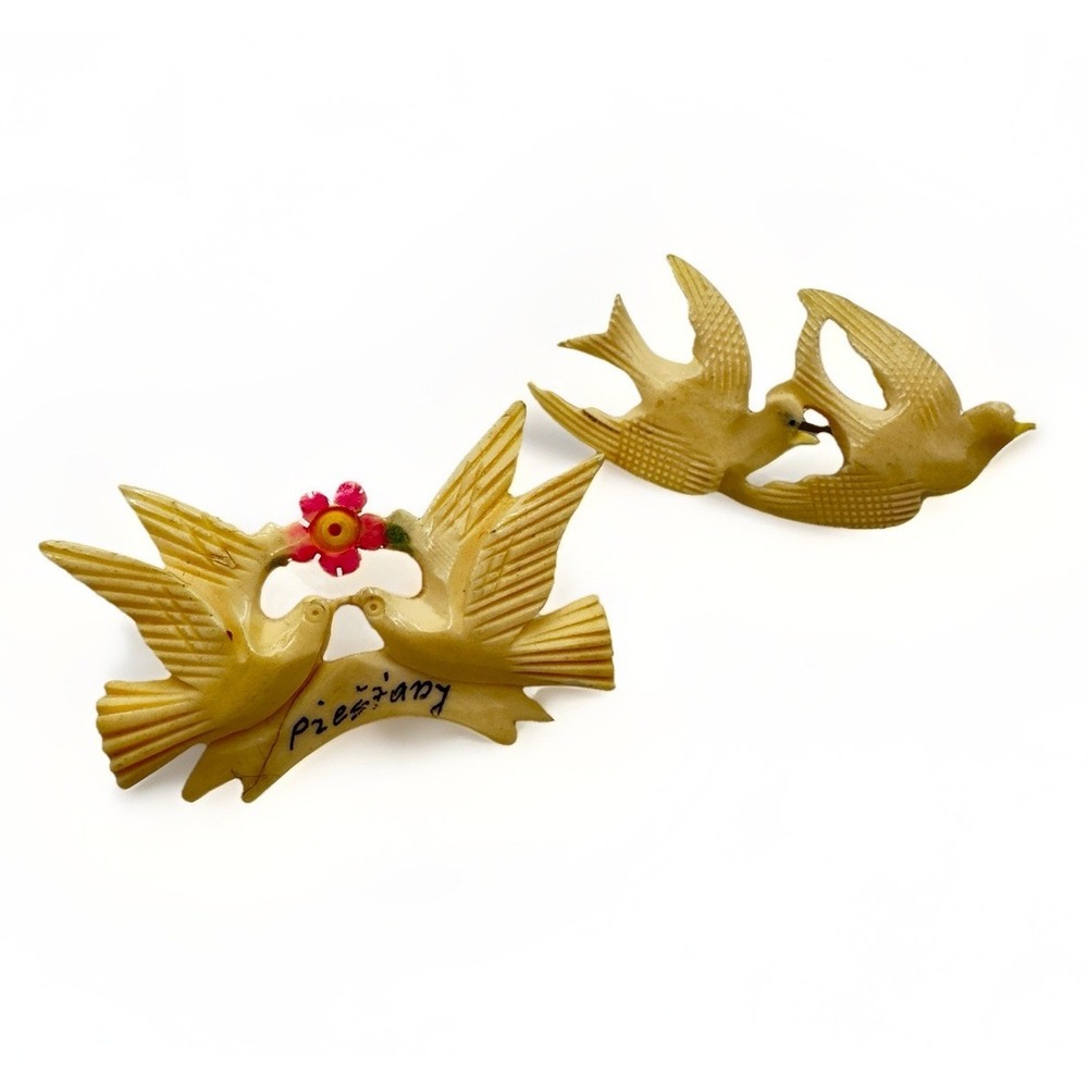 Vintage Celluloid Plastic‎ Bird Dove Pin Brooch Lot of 2  1930-40s Carved Peace